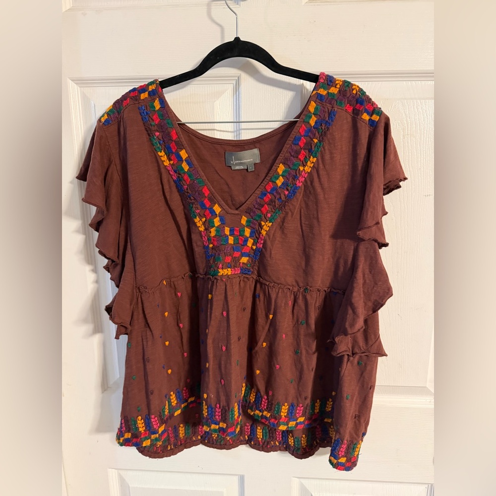 Anthropologie Multicolor Embroidered Brown Blouse